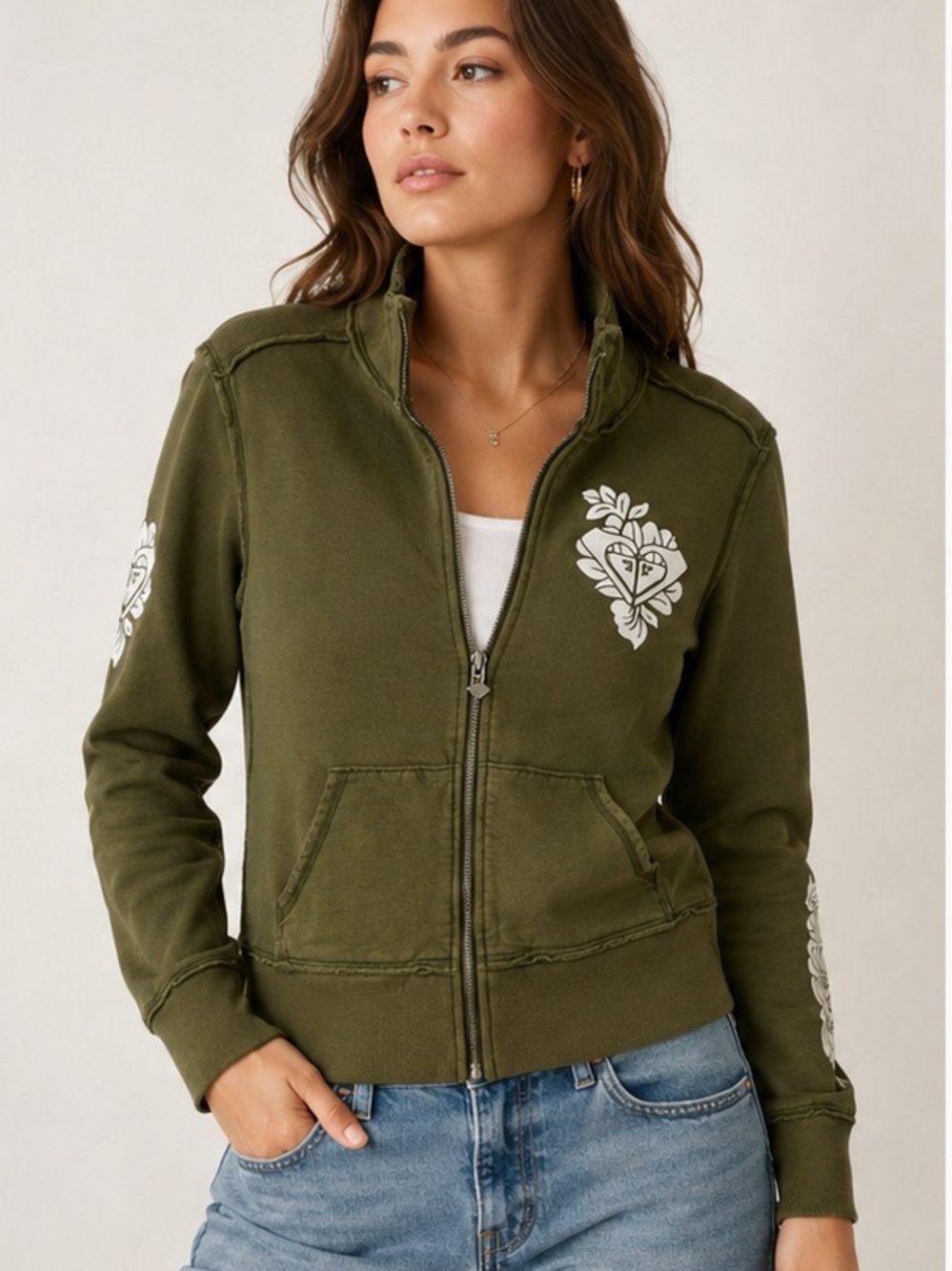 Roxy army/khaki green raw edge jacket size Xl juniors.